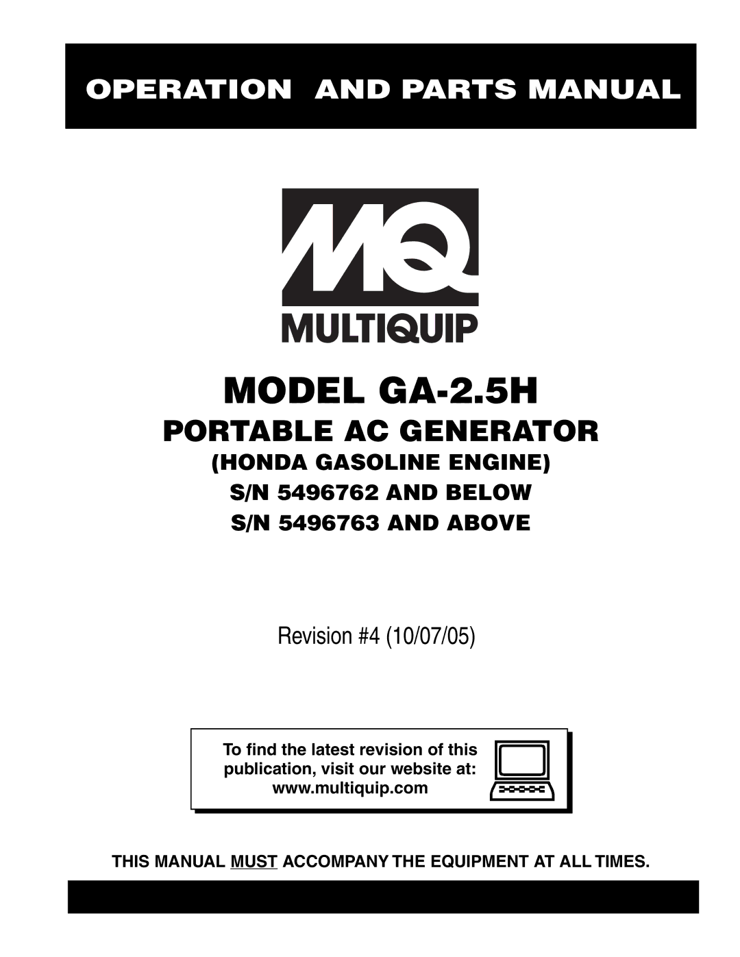 Honda Power Equipment manual Model GA-2.5H 