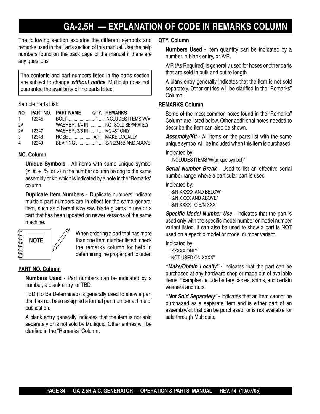 Honda Power Equipment manual GA-2.5H Explanation of Code in Remarks Column, Part NO. Column, QTY. Column 