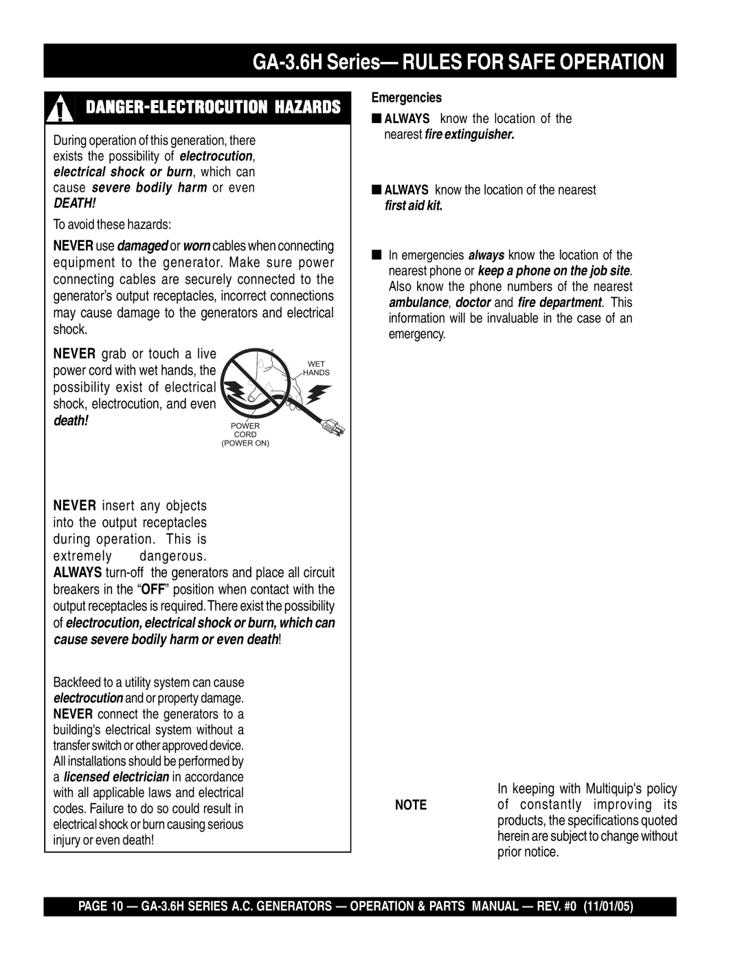 Honda Power Equipment GA3.6H manual GA-3.6H Series- Rules for Safe Operation, Keeping with Multiquips policy, Emergencies 