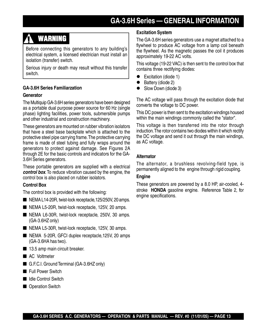 Honda Power Equipment GA3.6HA, GA-3.6HZ manual GA-3.6H Series General Information 