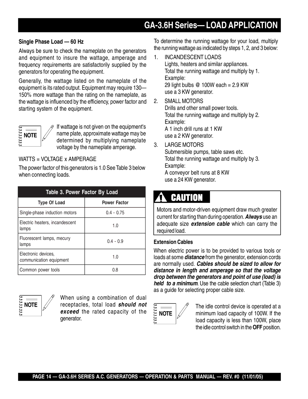 Honda Power Equipment GA-3.6HZ, GA3.6HA manual Single Phase Load 60 Hz, Incandescent Loads, Small Motors, Large Motors 