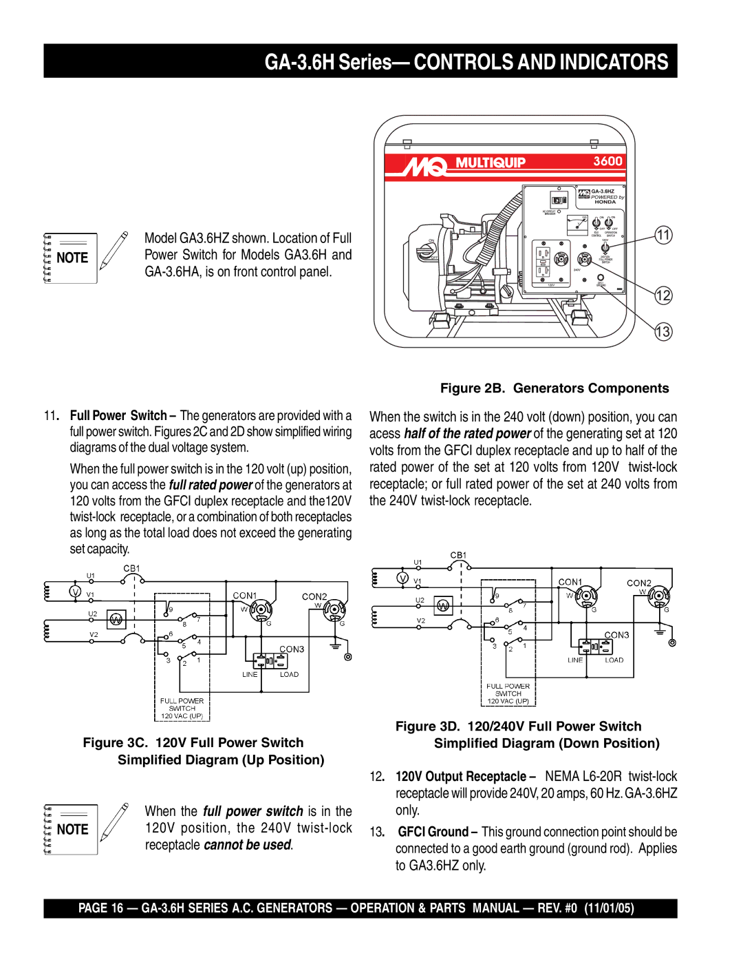 Honda Power Equipment GA3.6HA, GA-3.6HZ manual To GA3.6HZ only, V Full Power Switch Simplified Diagram Up Position 