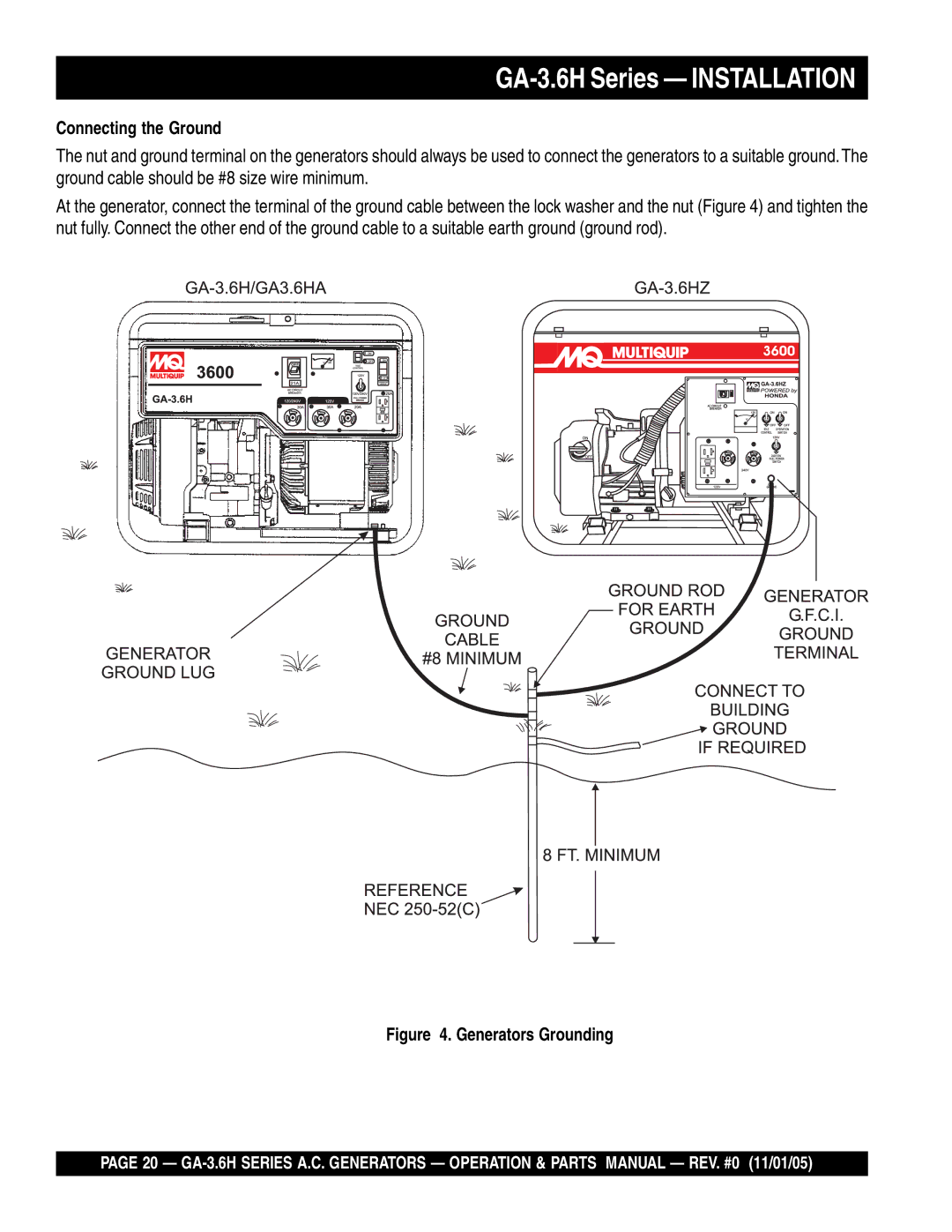 Honda Power Equipment GA-3.6HZ, GA3.6HA manual GA-3.6H Series Installation, Connecting the Ground 