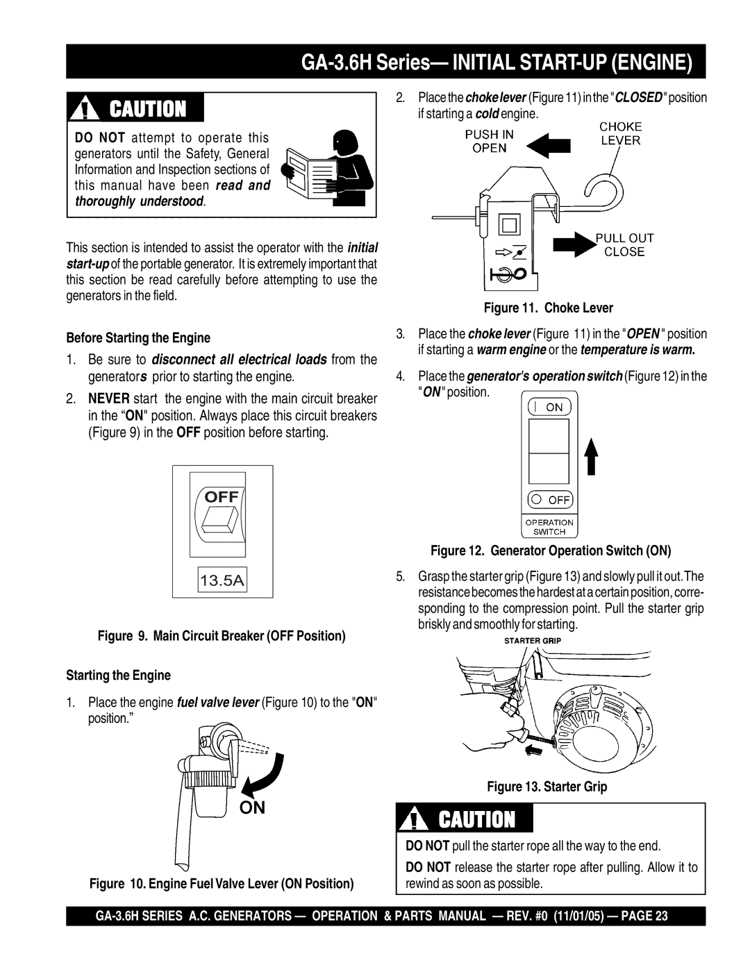 Honda Power Equipment GA-3.6HZ, GA3.6HA manual GA-3.6H Series- Initial START-UP Engine, Before Starting the Engine 