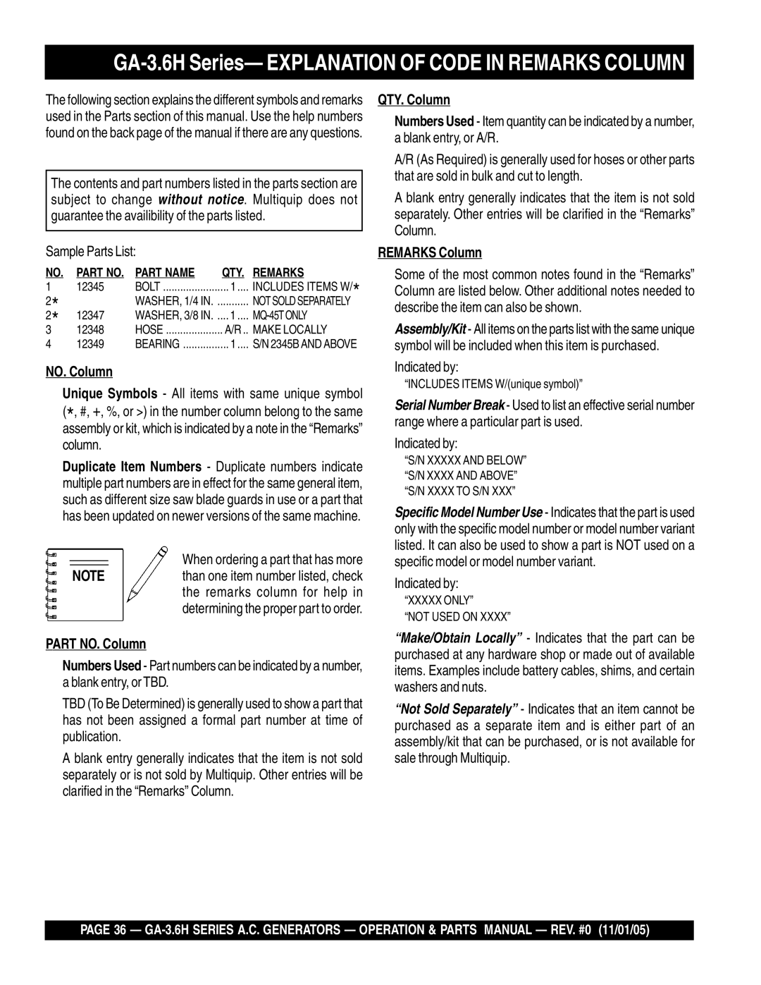 Honda Power Equipment GA3.6HA GA-3.6H Series- Explanation of Code in Remarks Column, Part NO. Column, QTY. Column 