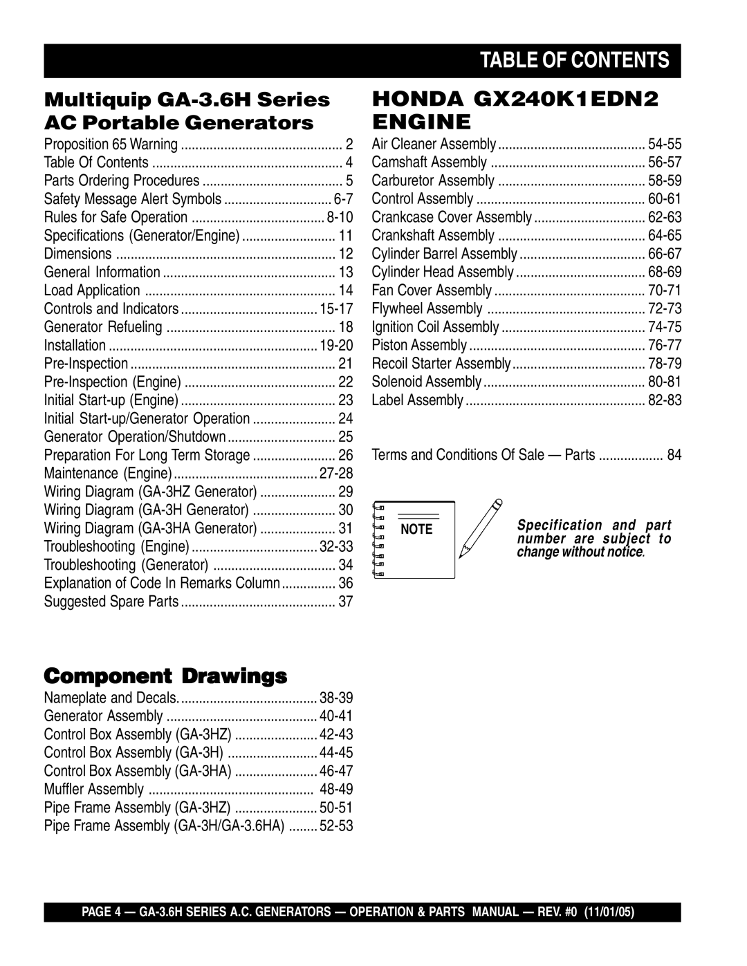 Honda Power Equipment GA3.6HA, GA-3.6HZ manual Table of Contents 