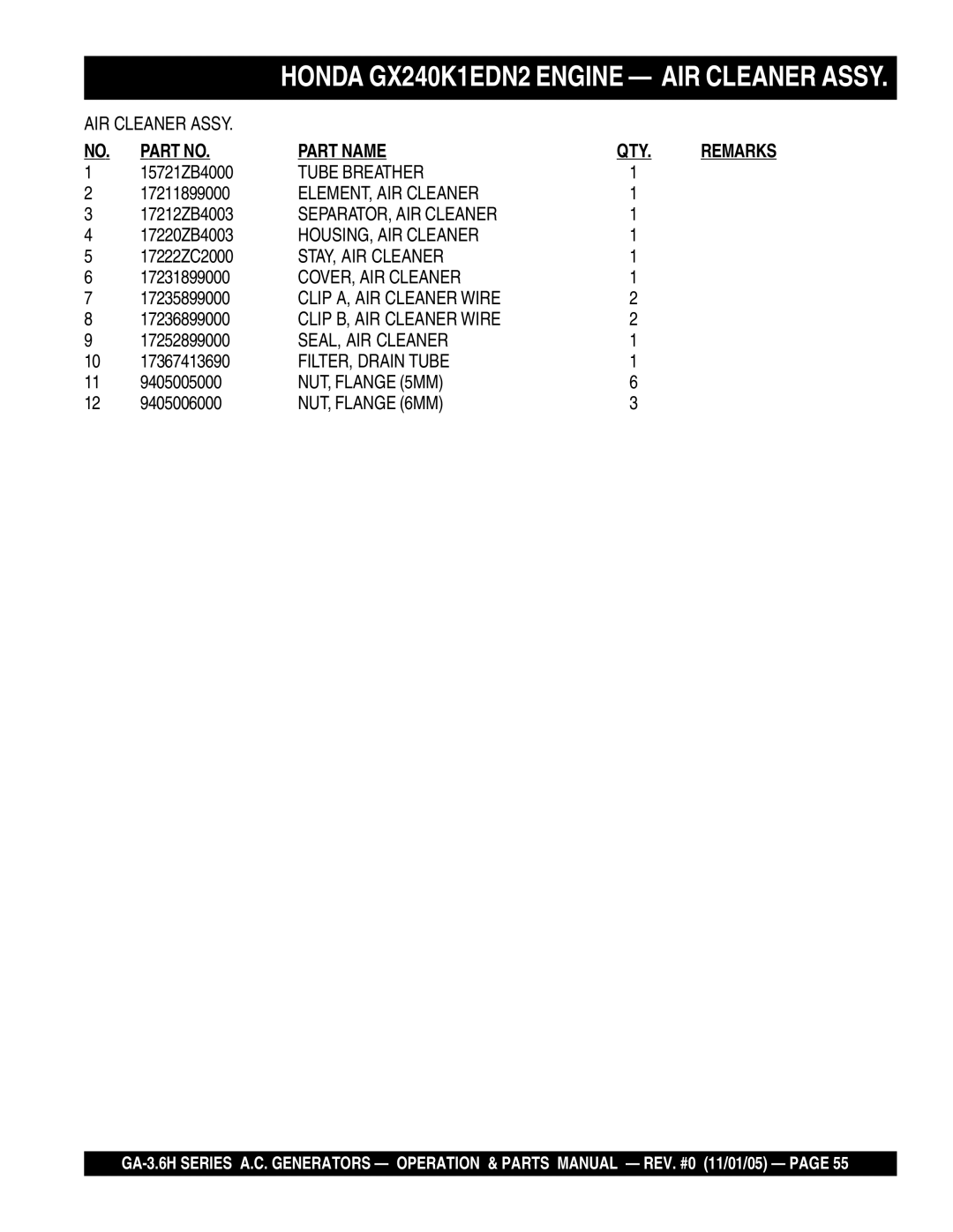 Honda Power Equipment GA3.6HA manual Tube Breather, ELEMENT, AIR Cleaner, SEPARATOR, AIR Cleaner, HOUSING, AIR Cleaner 