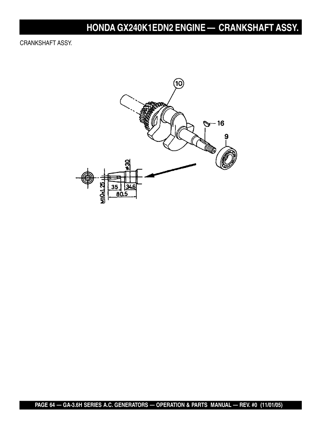 Honda Power Equipment GA3.6HA, GA-3.6HZ manual Honda GX240K1EDN2 Engine Crankshaft Assy 