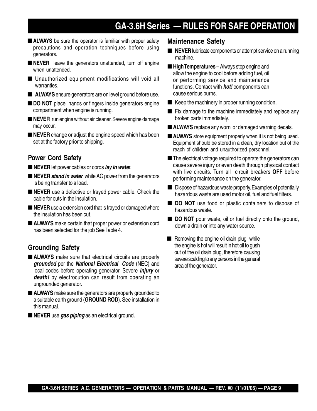 Honda Power Equipment GA3.6HA, GA-3.6HZ manual Maintenance Safety 