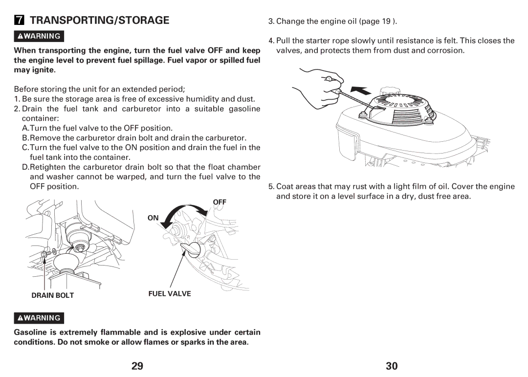 Honda Power Equipment GCV160E, GCV135E owner manual Transporting/Storage 