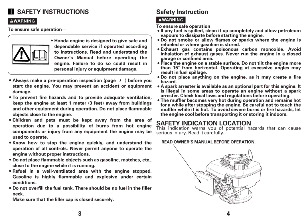 Honda Power Equipment GCV135E, GCV160E owner manual Safety Instructions, Safety Indication Location 