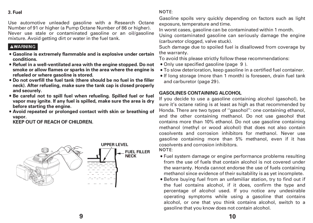 Honda Power Equipment GCV160E, GCV135E owner manual Fuel, Keep OUT of Reach of Children 