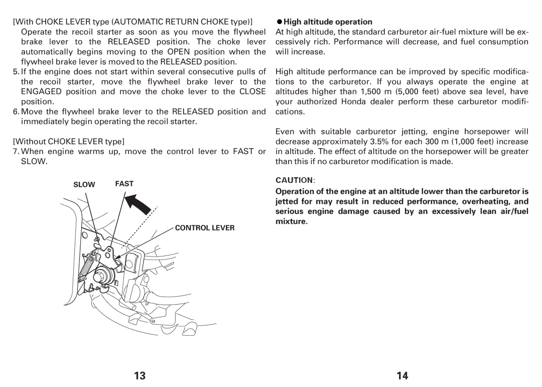 Honda Power Equipment GCV160E, GCV135E owner manual High altitude operation 