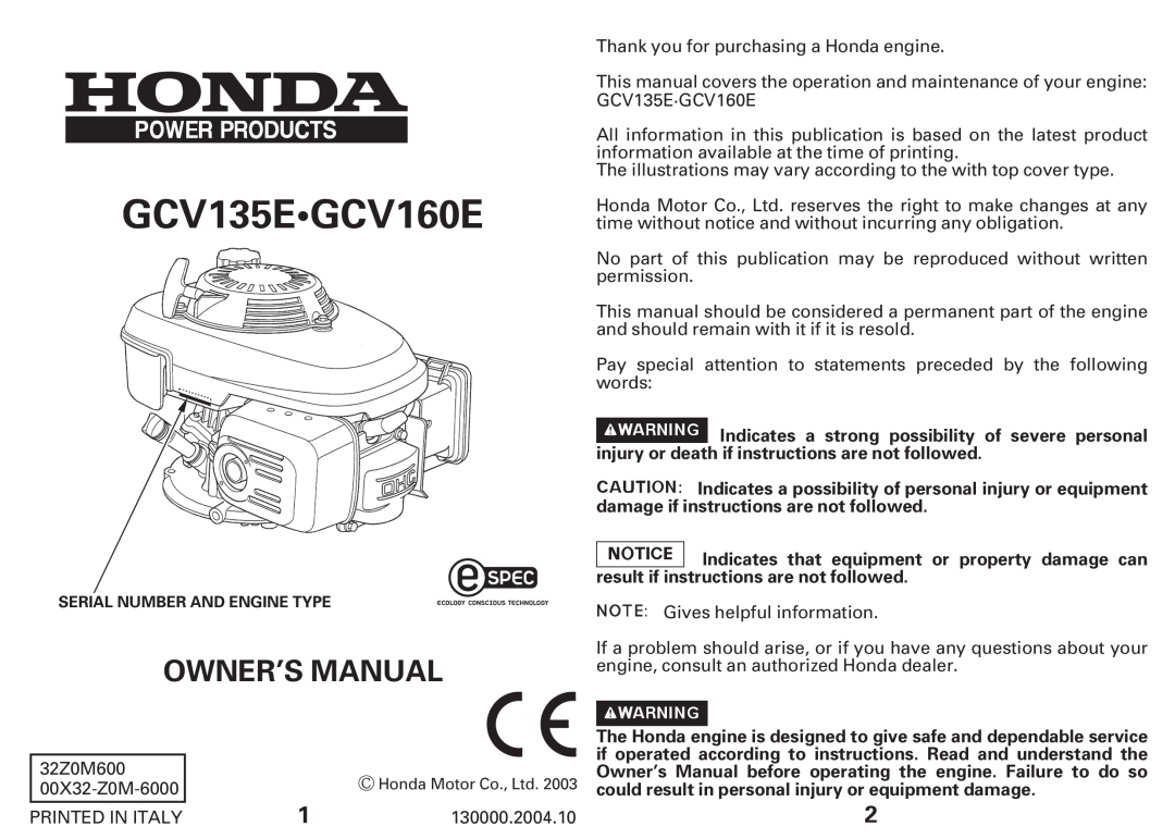 Honda Power Equipment owner manual GCV135EGCV160E 
