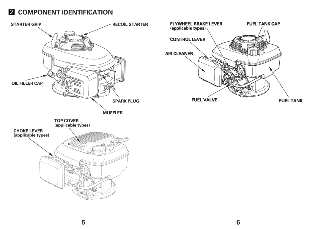 Honda Power Equipment GCV160E Component Identification, Starter Grip, Recoil Starter, Flywheel Brake Lever, Control Lever 