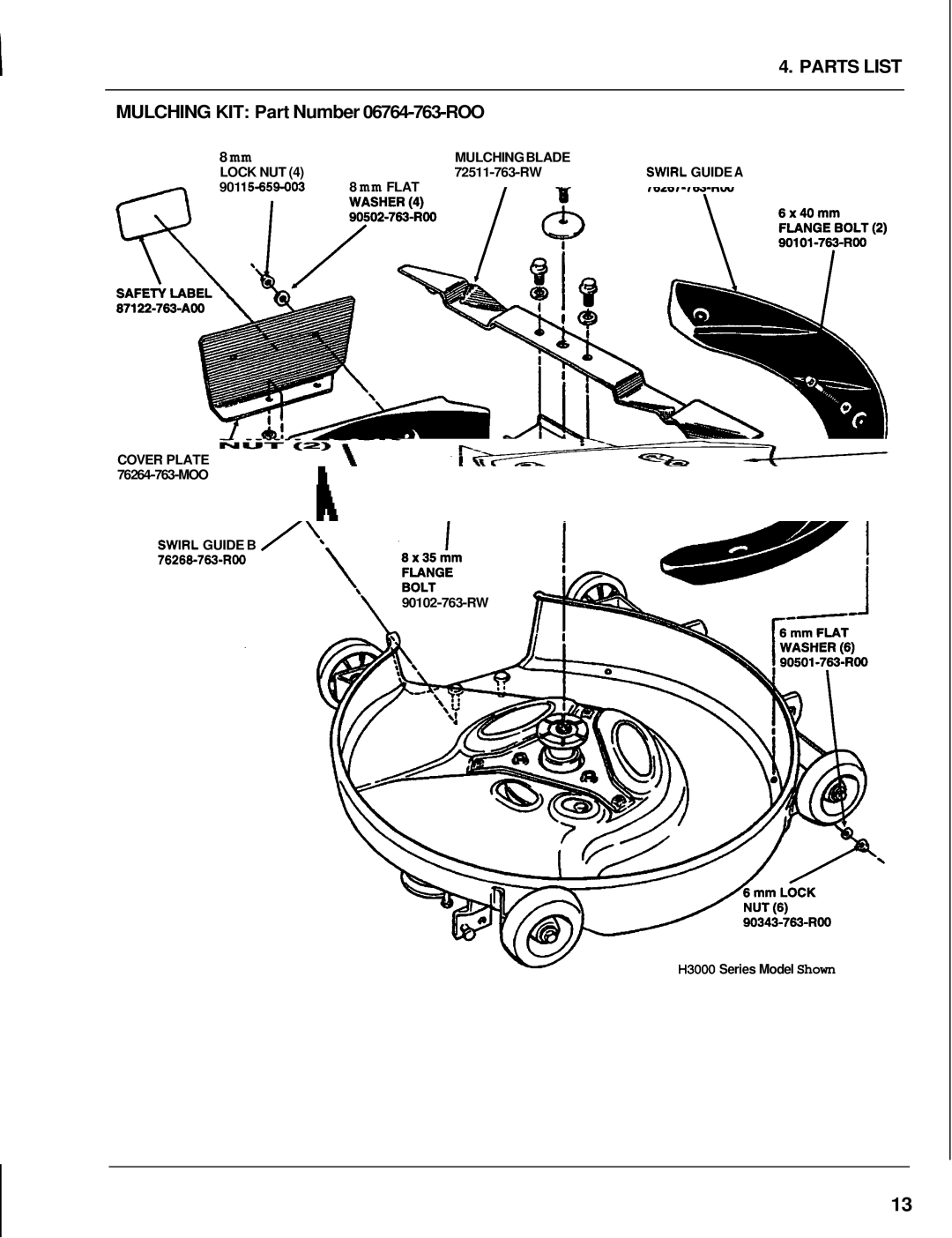 Honda Power Equipment H3000, H1000 manual Parts List, Mulching KIT Part Number 06764-763-ROO 