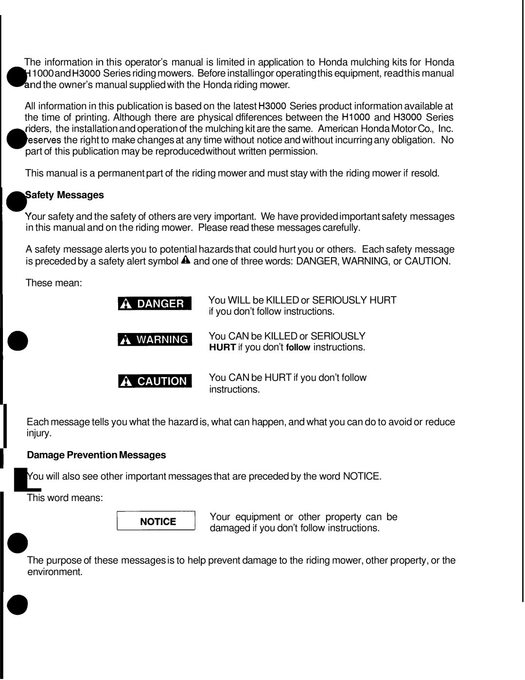 Honda Power Equipment H3000, H1000 manual Afety Messages, Damage Prevention Messages 
