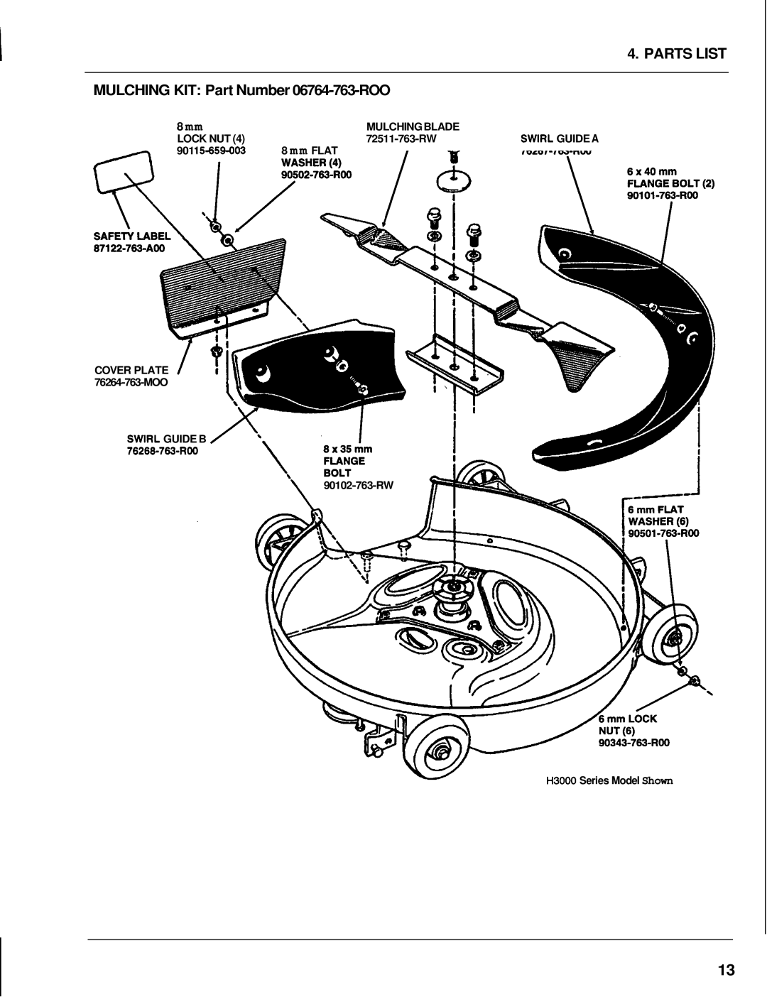 Honda Power Equipment H3000, H1000 Parts List, MULCHING KIT Part Number 06764-763-ROO, 8 mm, Mulchingblade, Swirl Guide A 