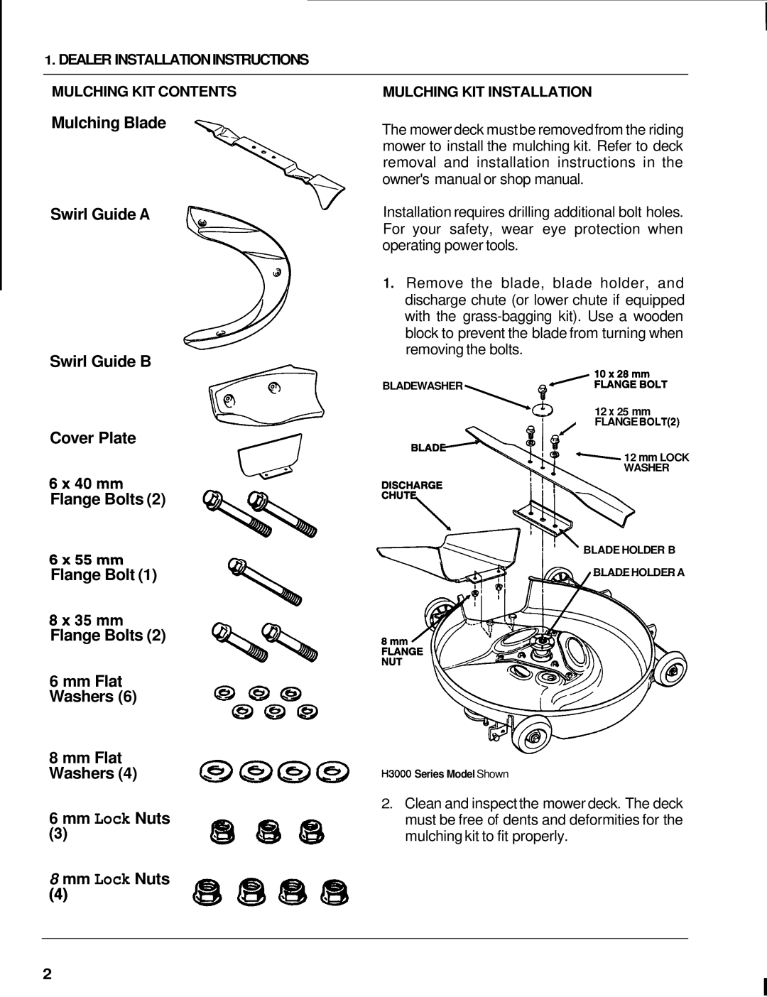 Honda Power Equipment H1000, H3000 manual Mulching Blade, Swirl Guide A Swirl Guide B Cover Plate, Flange Bolts, 6 x 4 0 m m 