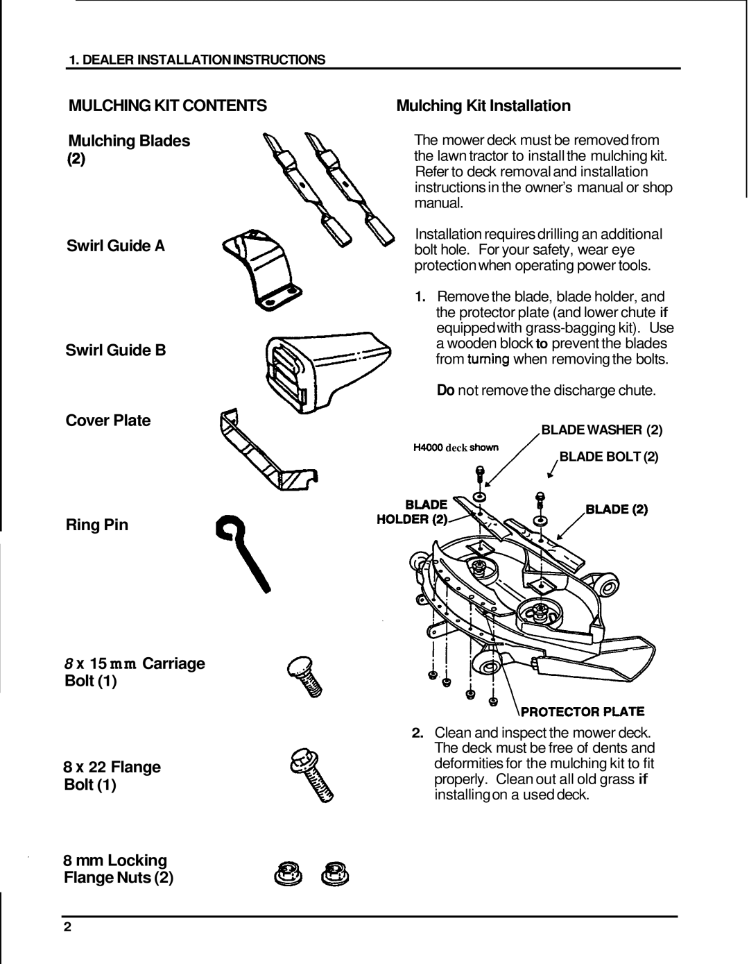 Honda Power Equipment H2000 manual MULCHING KIT CONTENTS Mulching Blades, Swirl Guide A Swirl Guide B Cover Plate Ring Pin1 