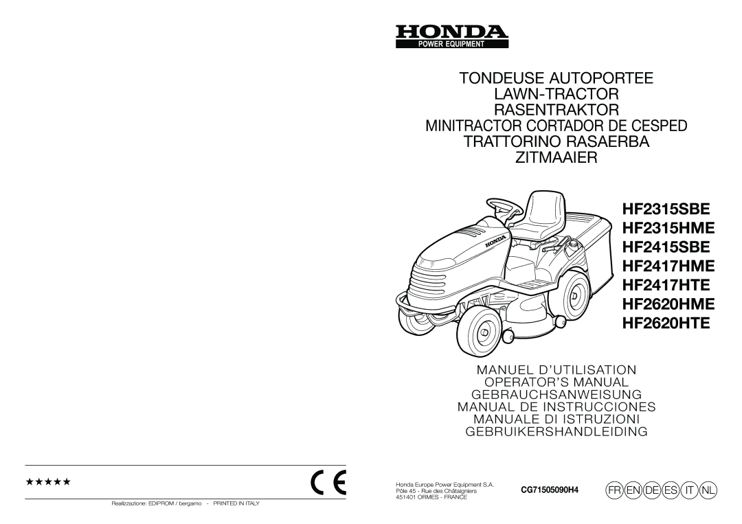 Honda Power Equipment HF2620HME, HF2417HTE, HF2415SBE manuel dutilisation Tondeuse Autoportee LAWN-TRACTOR Rasentraktor 