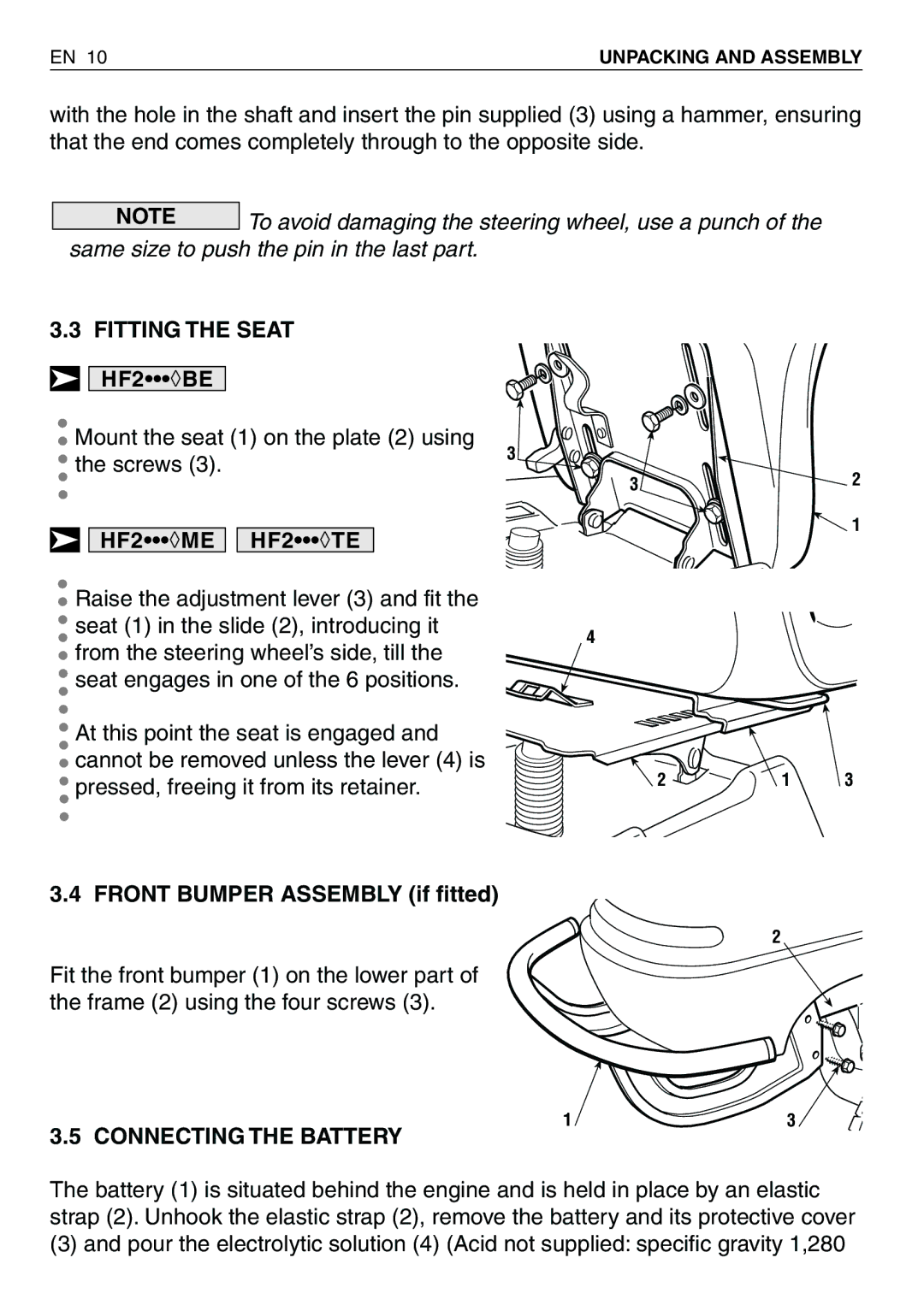 Honda Power Equipment HF2315HME, HF2417HTE, HF2620HME Same size to push the pin in the last part, Fitting the Seat, Screws 