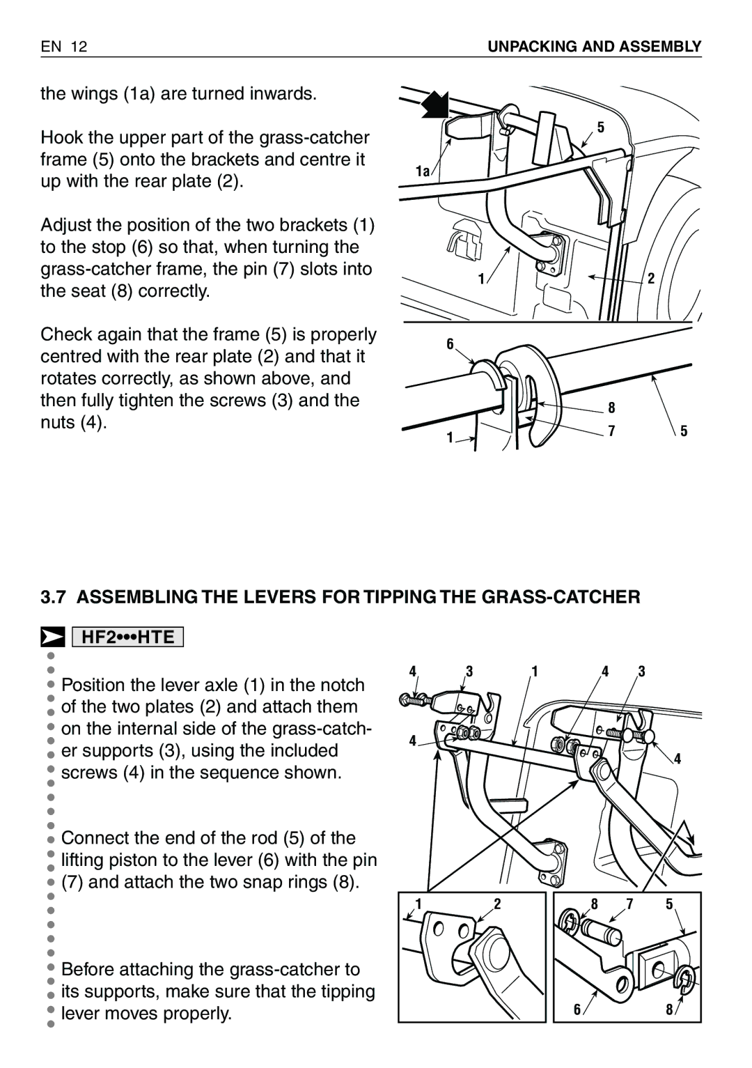 Honda Power Equipment HF2315SBE Wings 1a are turned inwards, Assembling the Levers for Tipping the GRASS-CATCHER 