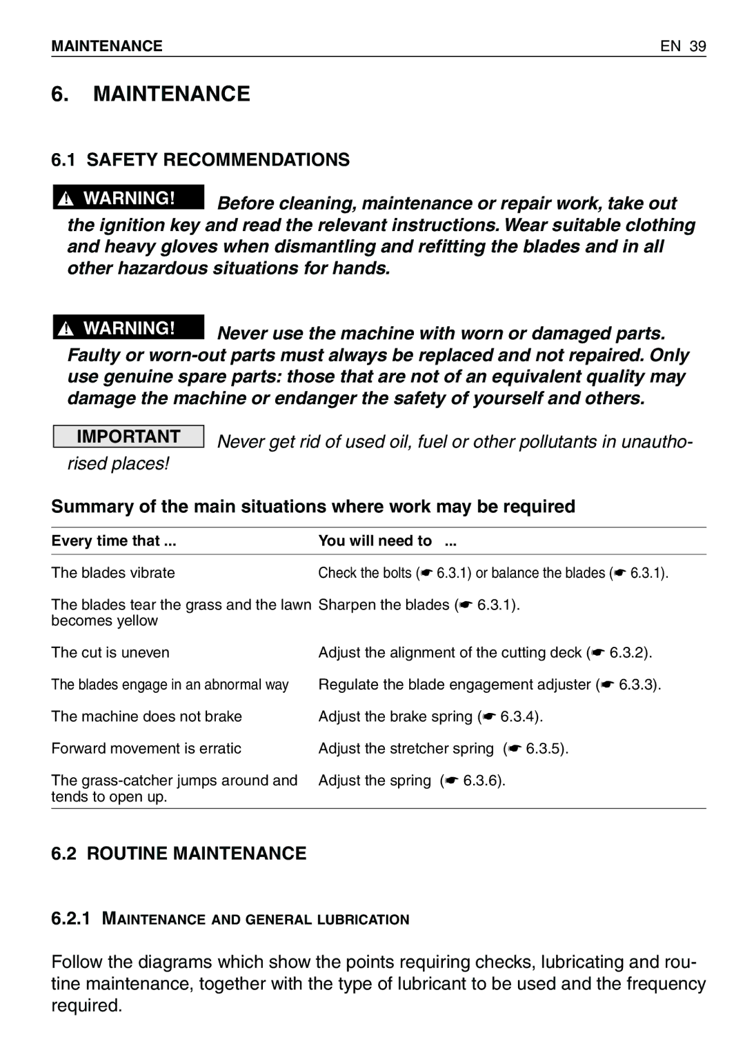 Honda Power Equipment HF2417HME, HF2417HTE Maintenance, Summary of the main situations where work may be required 