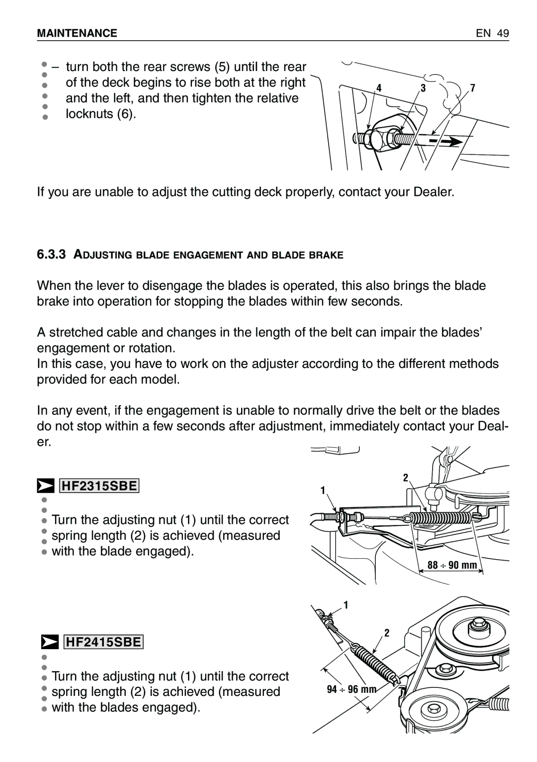 Honda Power Equipment HF2620HME Turn the adjusting nut 1 until the correct, Spring length 2 is achieved measured 