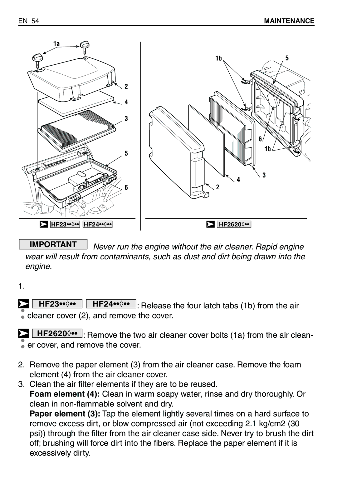 Honda Power Equipment HF2315SBE, HF2417HTE, HF2620HME, HF2415SBE Never run the engine without the air cleaner. Rapid engine 