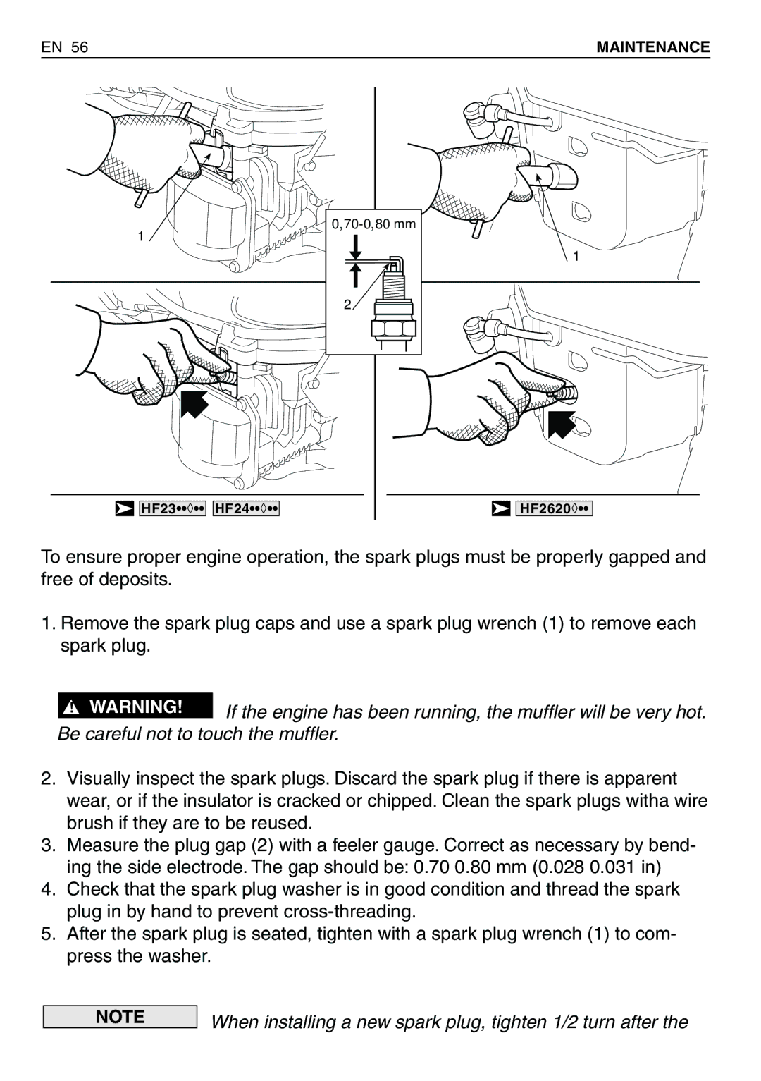 Honda Power Equipment HF2620HME, HF2417HTE, HF2415SBE, HF2620HTE When installing a new spark plug, tighten 1/2 turn after 