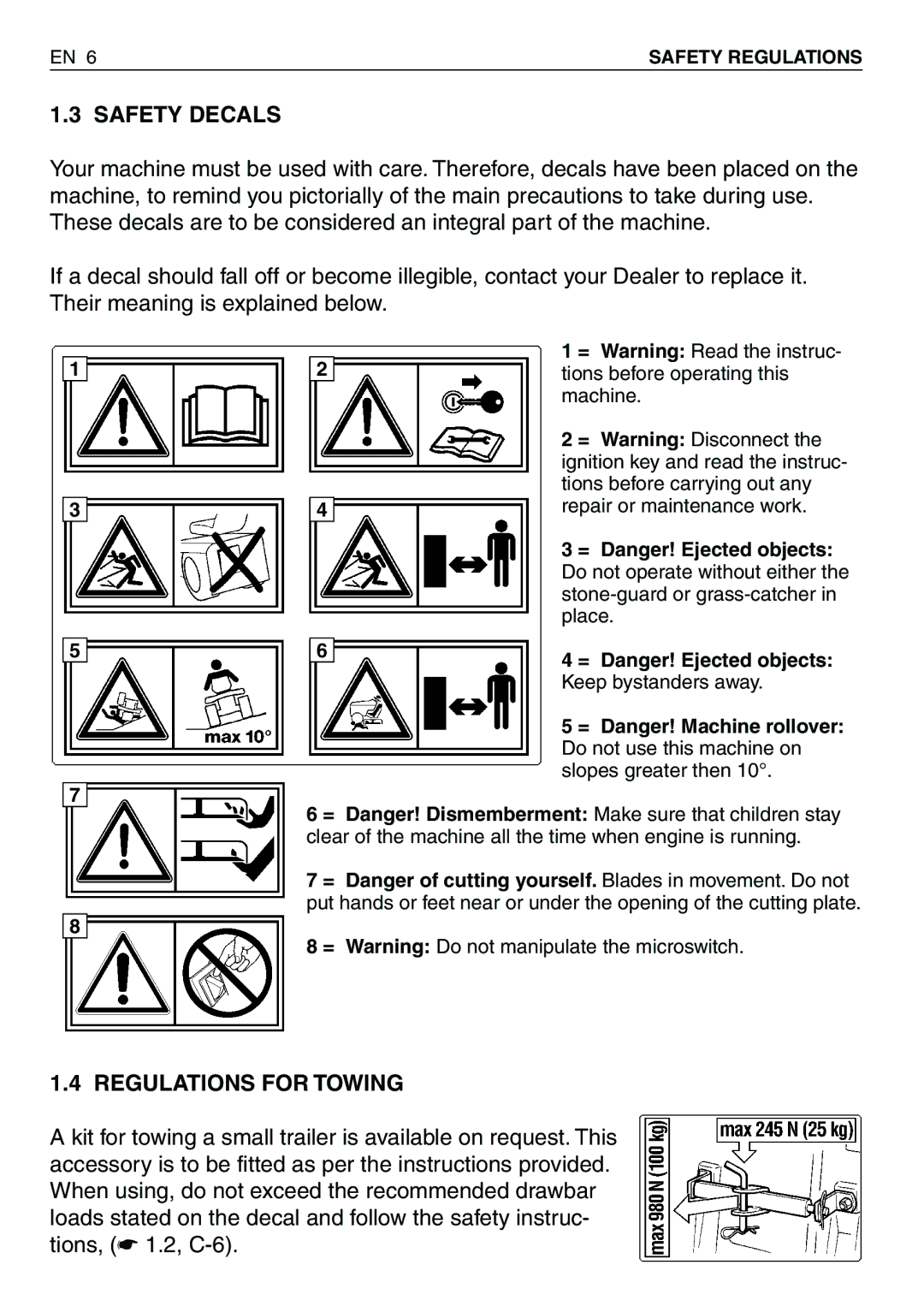 Honda Power Equipment HF2417HTE, HF2620HME, HF2415SBE, HF2620HTE, HF2315HME, HF2417HME Safety Decals, Regulations for Towing 