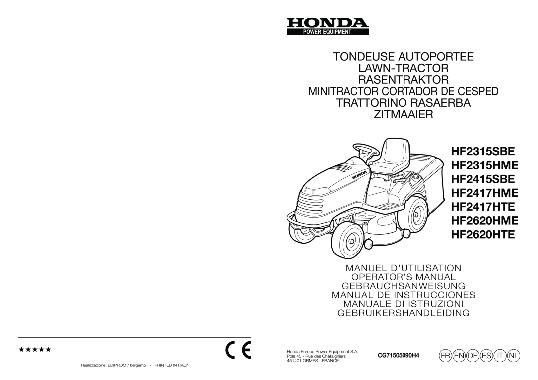 Honda Power Equipment HF2620HME, HF2417HTE, HF2415SBE manuel dutilisation Tondeuse Autoportee Lawn-Tractor Rasentraktor 