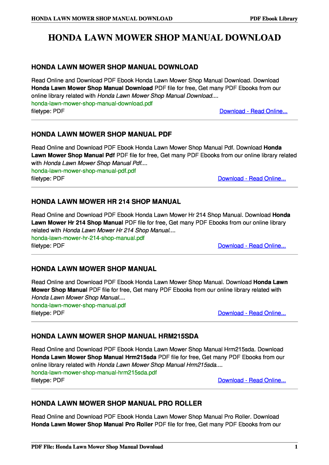 Honda Power Equipment HRM215SDA manual Honda Lawn Mower Shop Manual Download, HONDA LAWN MOWER HR 214 SHOP MANUAL 