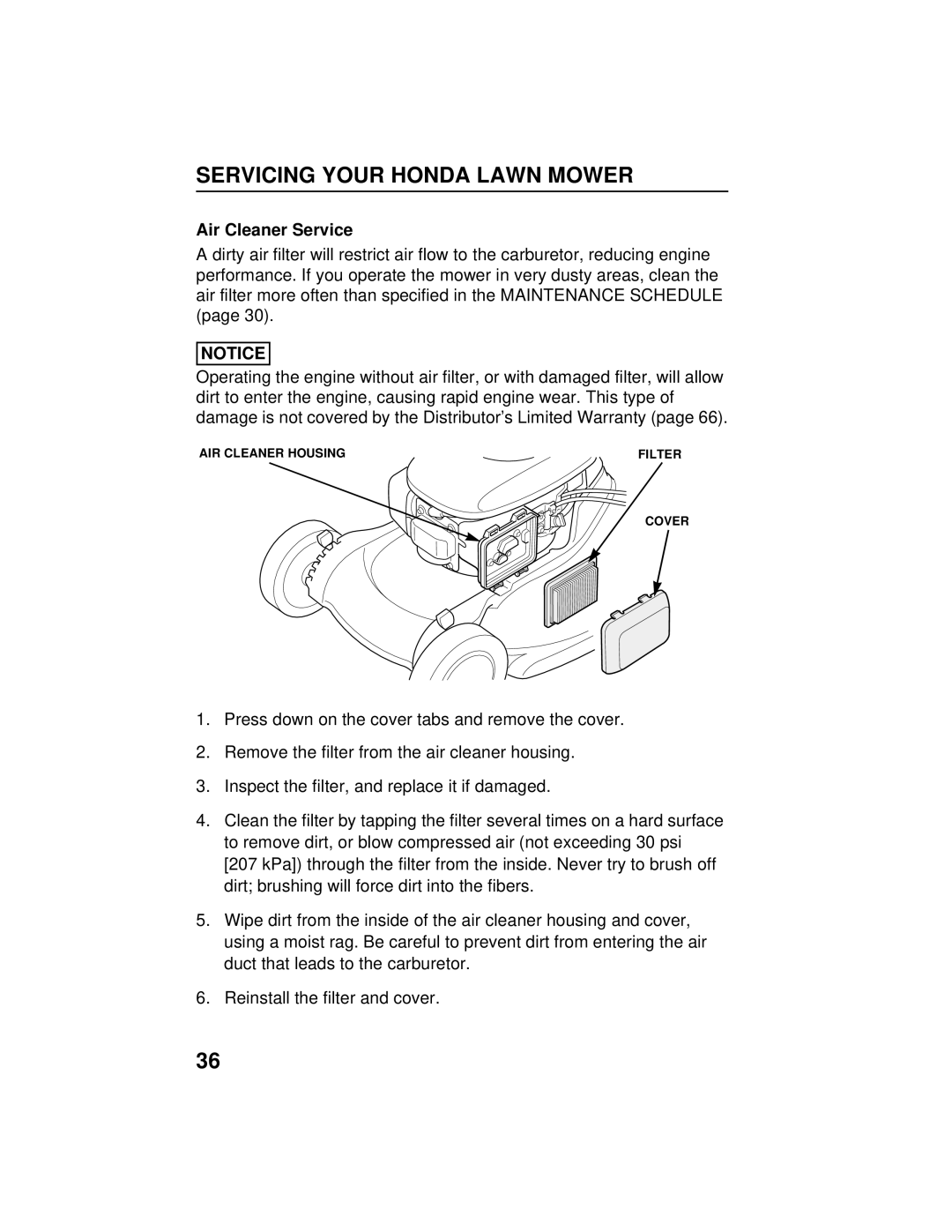 Honda Power Equipment HRB216TXA owner manual Air Cleaner Service 