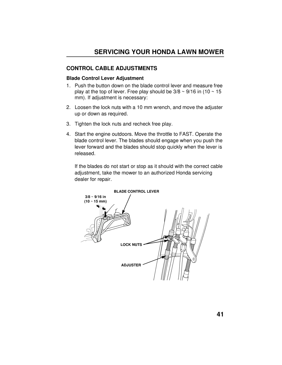 Honda Power Equipment HRB216TXA owner manual Control Cable Adjustments, Blade Control Lever Adjustment 