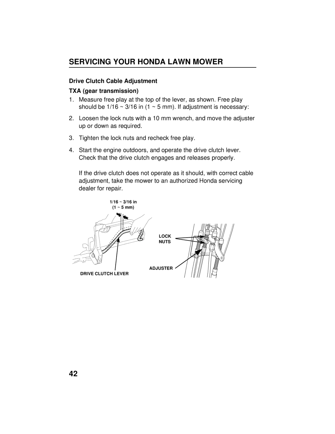 Honda Power Equipment HRB216TXA owner manual Drive Clutch Cable Adjustment TXA gear transmission 