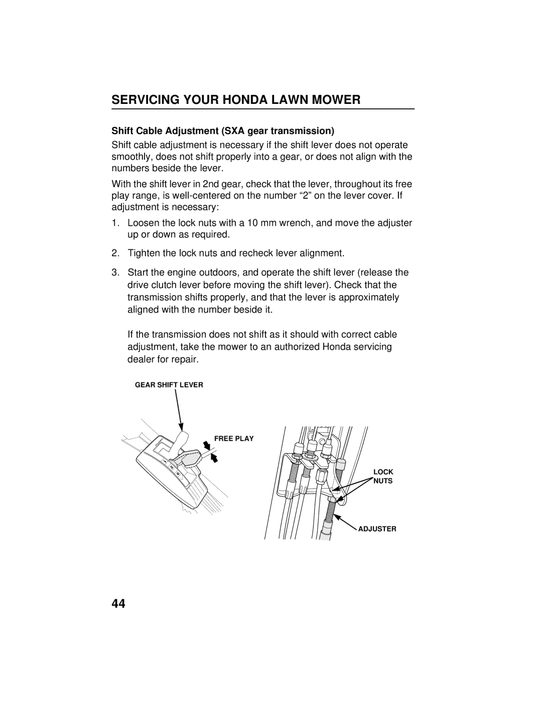 Honda Power Equipment HRB216TXA owner manual Shift Cable Adjustment SXA gear transmission 