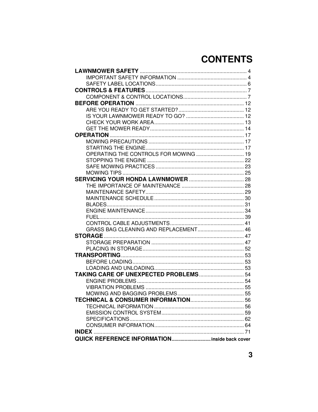 Honda Power Equipment HRB216TXA owner manual Contents 