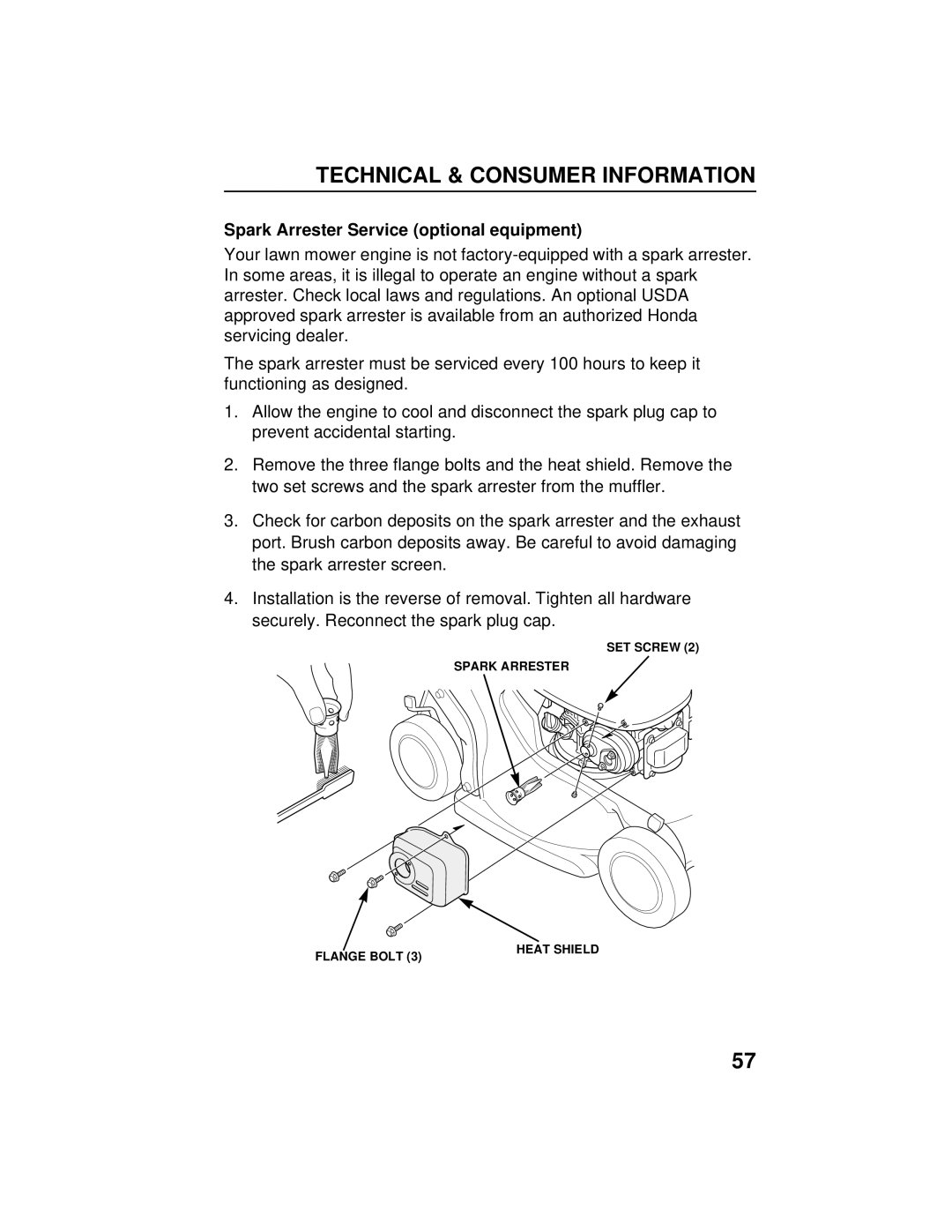 Honda Power Equipment HRB216TXA owner manual Technical & Consumer Information, Spark Arrester Service optional equipment 