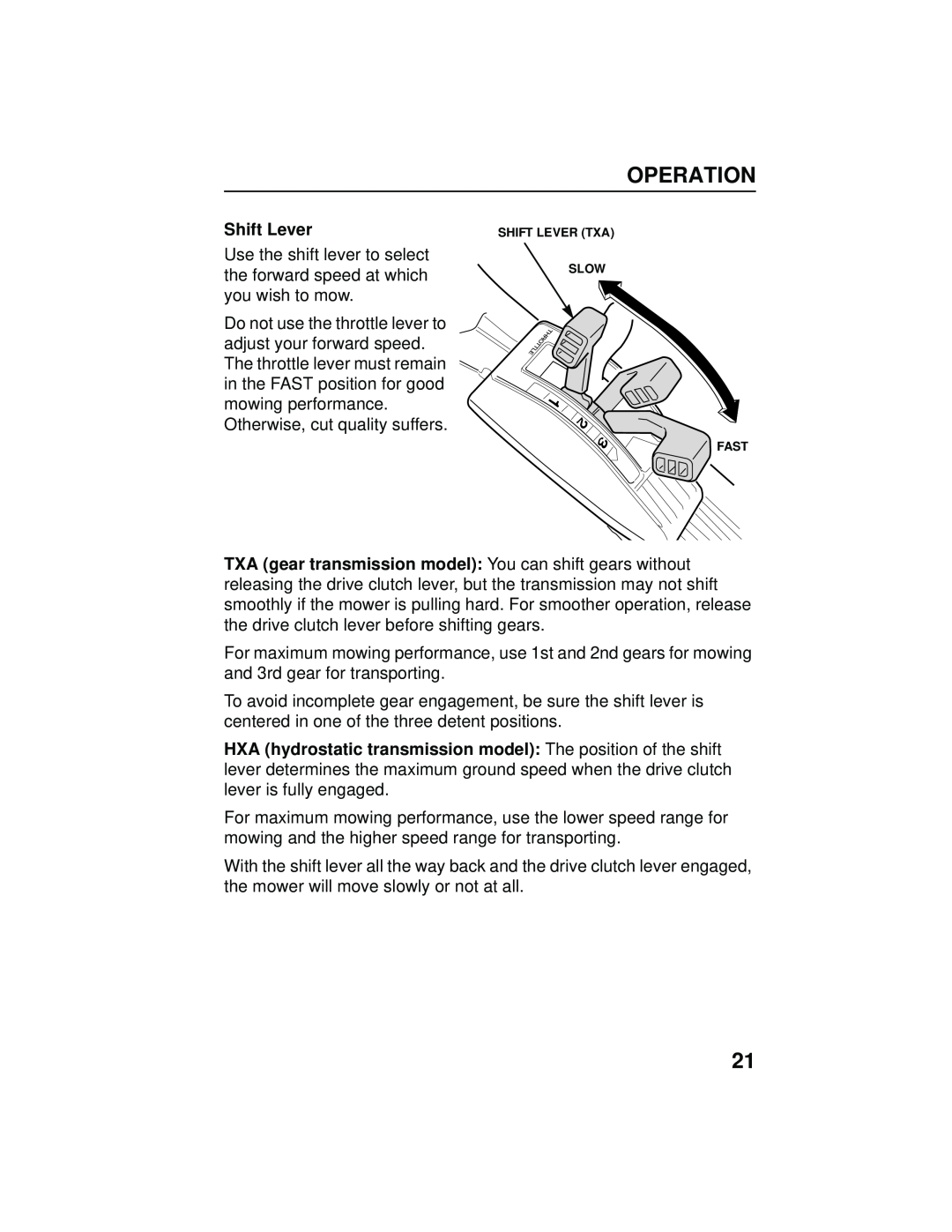 Honda Power Equipment HRB216TXA owner manual Operation, Shift Lever Txa Slow Fast 