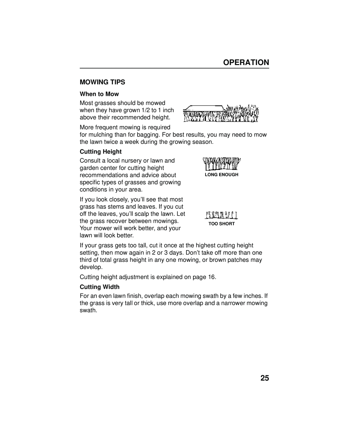 Honda Power Equipment HRB216TXA owner manual Mowing Tips, When to Mow, Cutting Width, Operation, Cutting Height 