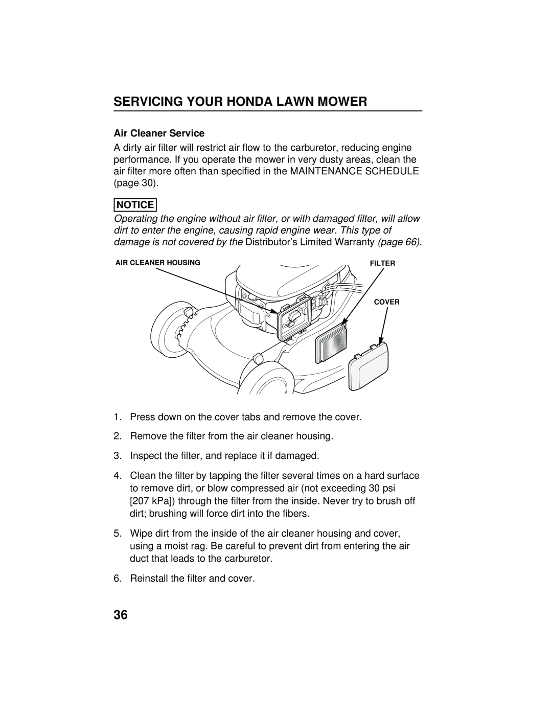 Honda Power Equipment HRB216TXA owner manual Air Cleaner Service, Servicing Your Honda Lawn Mower 
