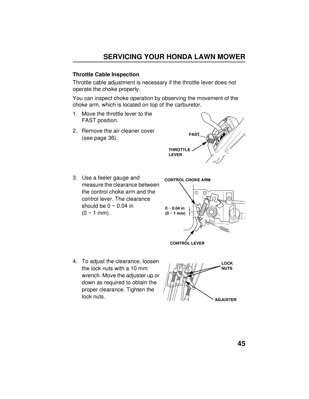 Honda Power Equipment HRB216TXA owner manual Throttle Cable Inspection, Servicing Your Honda Lawn Mower 