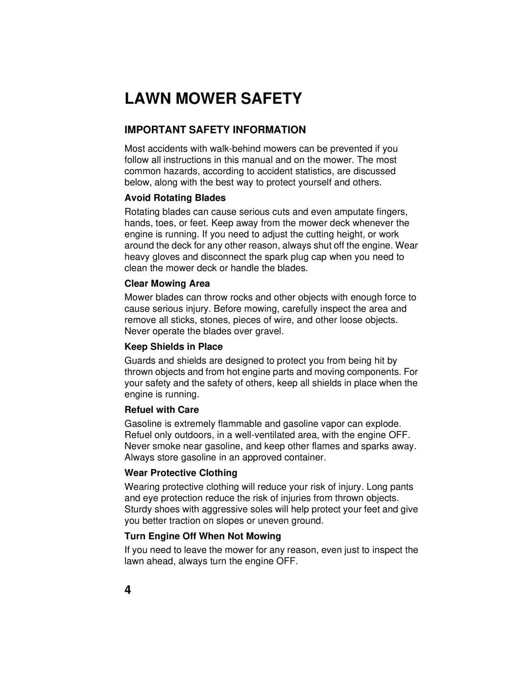 Honda Power Equipment HRB216TXA Lawn Mower Safety, Important Safety Information, Avoid Rotating Blades, Clear Mowing Area 