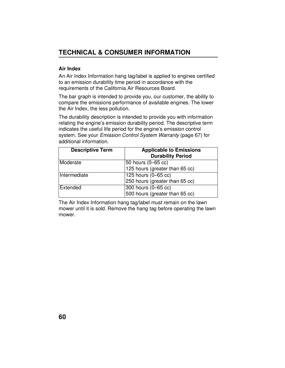Honda Power Equipment HRB216TXA owner manual Air Index, Descriptive Term, Applicable to Emissions, Durability Period 