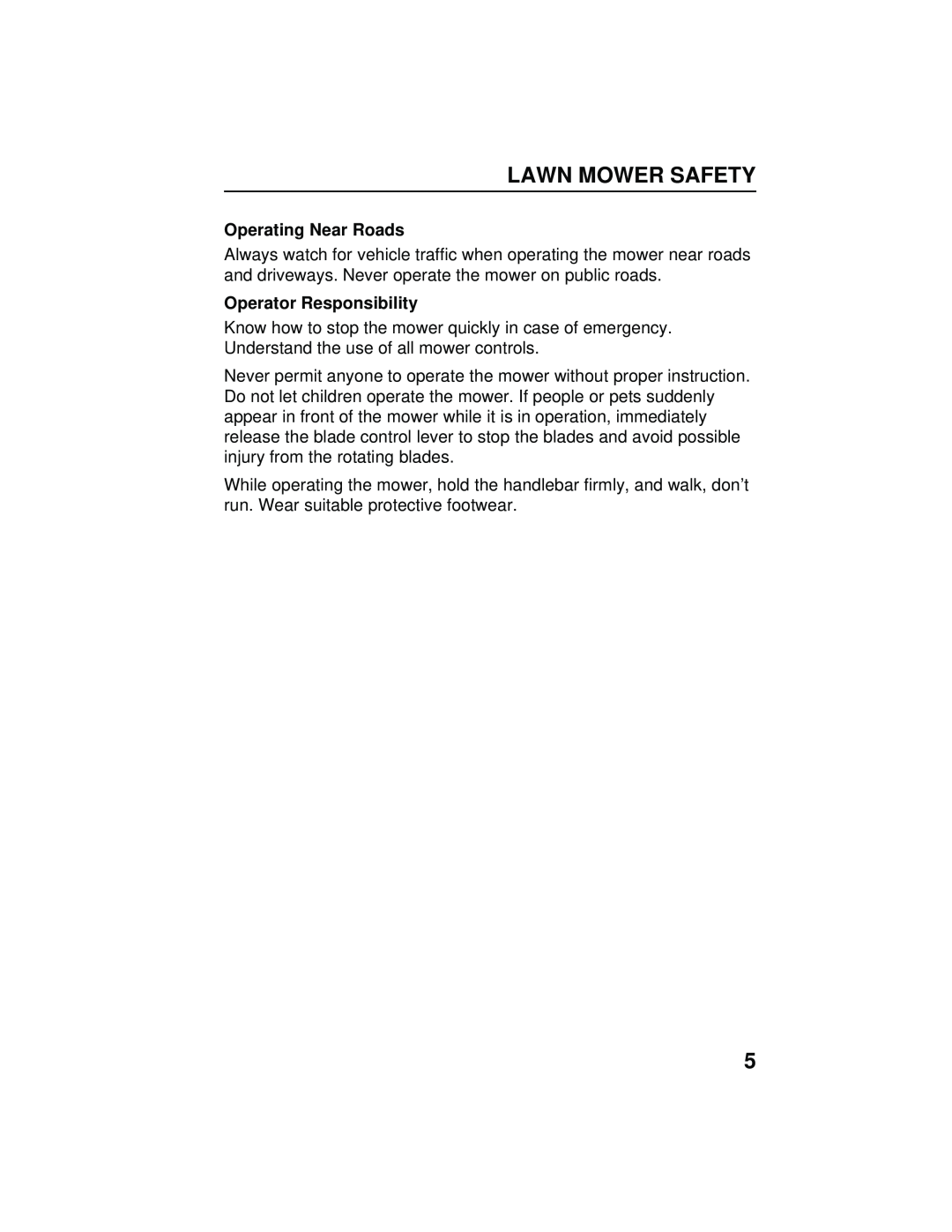 Honda Power Equipment HRB216TXA owner manual Lawn Mower Safety, Operating Near Roads, Operator Responsibility 