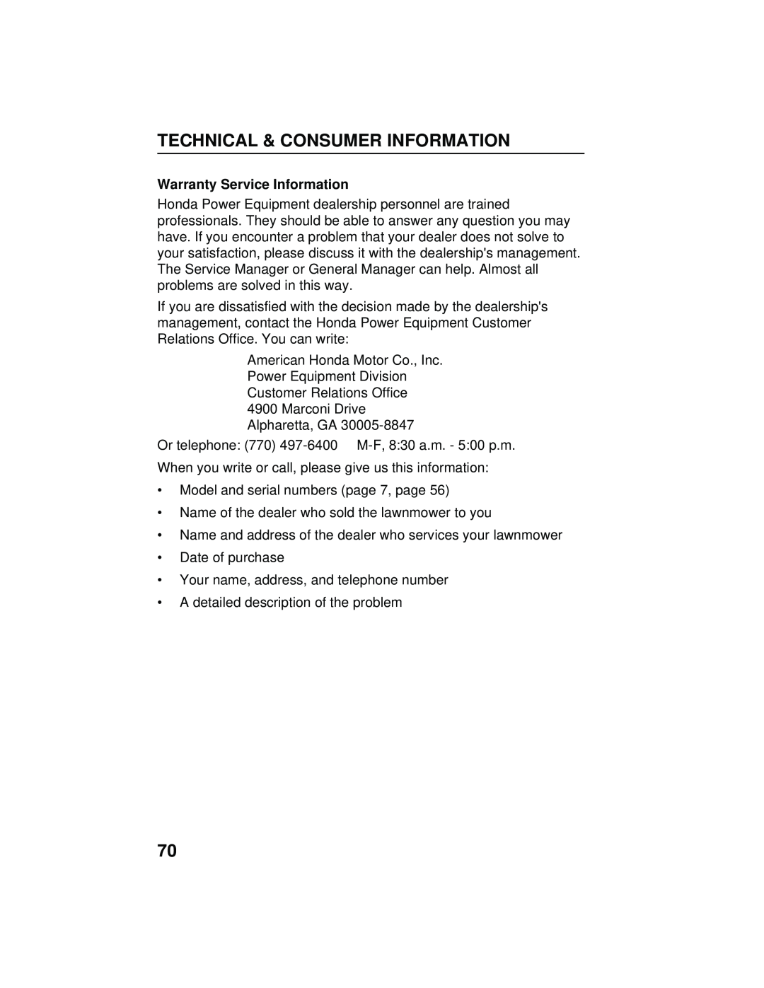 Honda Power Equipment HRB216TXA owner manual Warranty Service Information, Technical & Consumer Information 