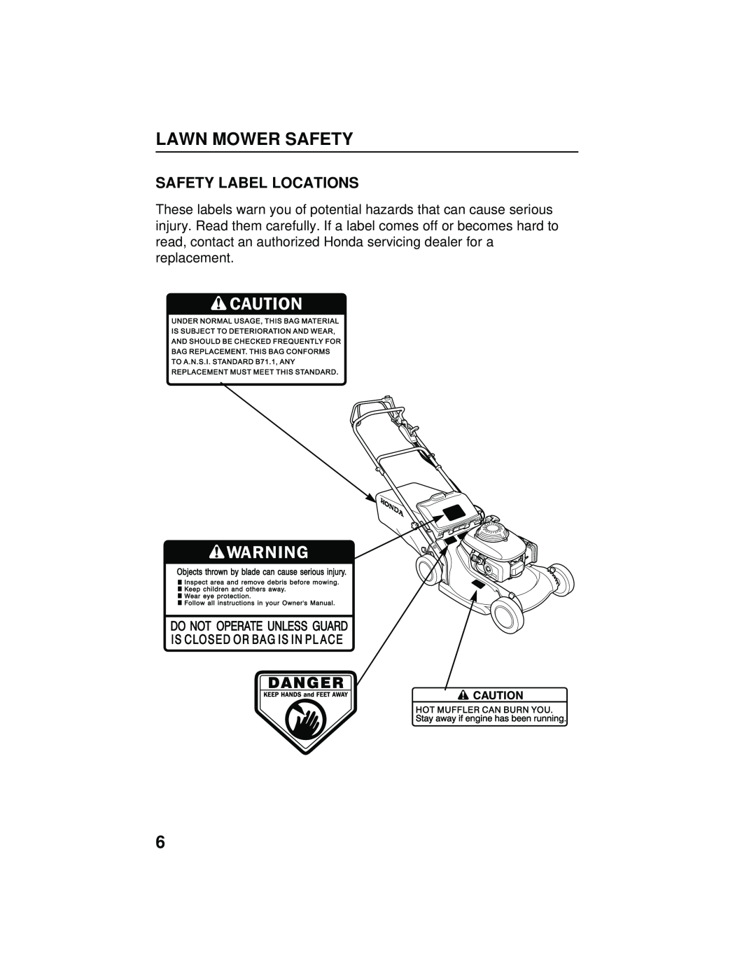 Honda Power Equipment HRB216TXA owner manual Safety Label Locations, Lawn Mower Safety 