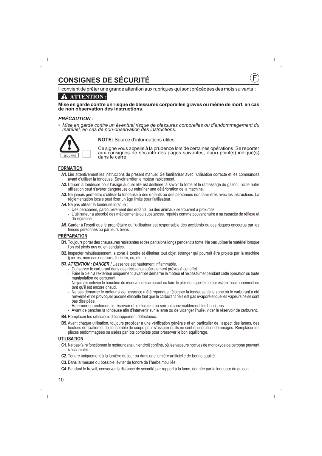 Honda Power Equipment HRB425C owner manual Consignes DE Sécurité, Formation, Préparation, Utilisation 